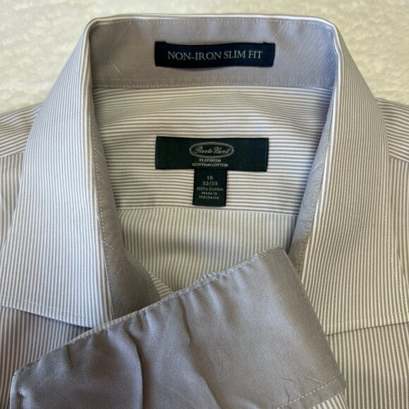 Pronto Uomo Dress Shirt Men's 18 32/33 Gray Striped Long Sleeve No Iron Slim Ft - Picture 4 of 10